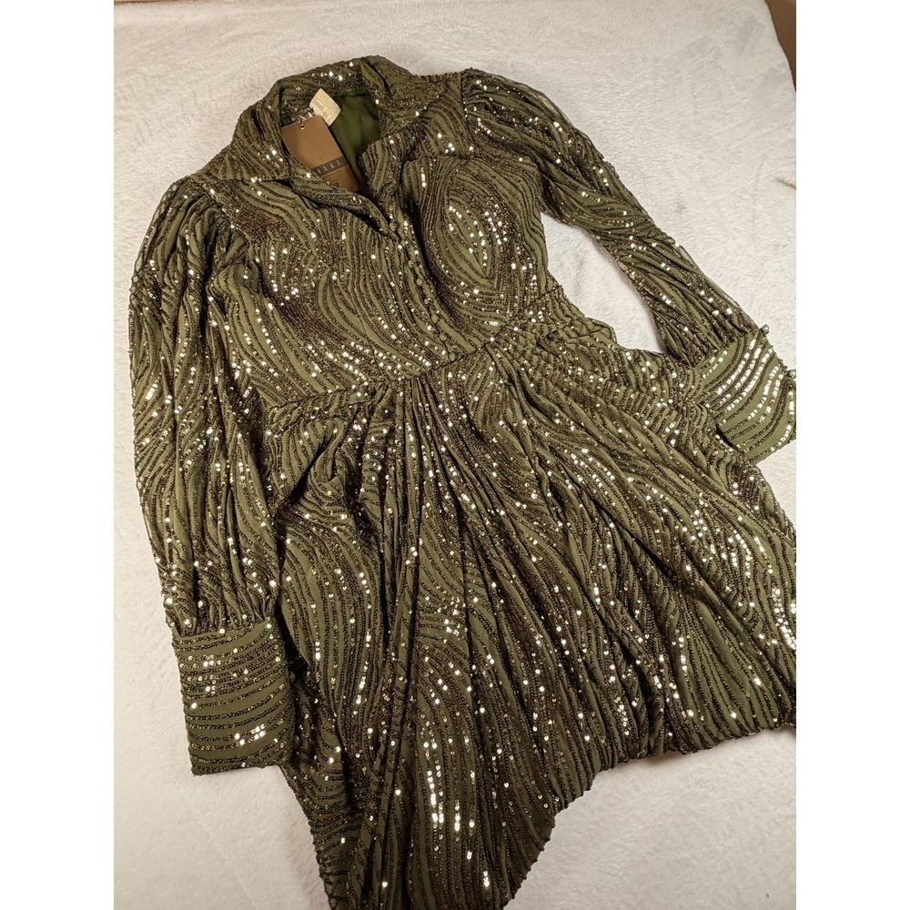 KALKI Dress Womens M Green Sequin Collared Shirt Maxi Fit & Flare Formal Gown